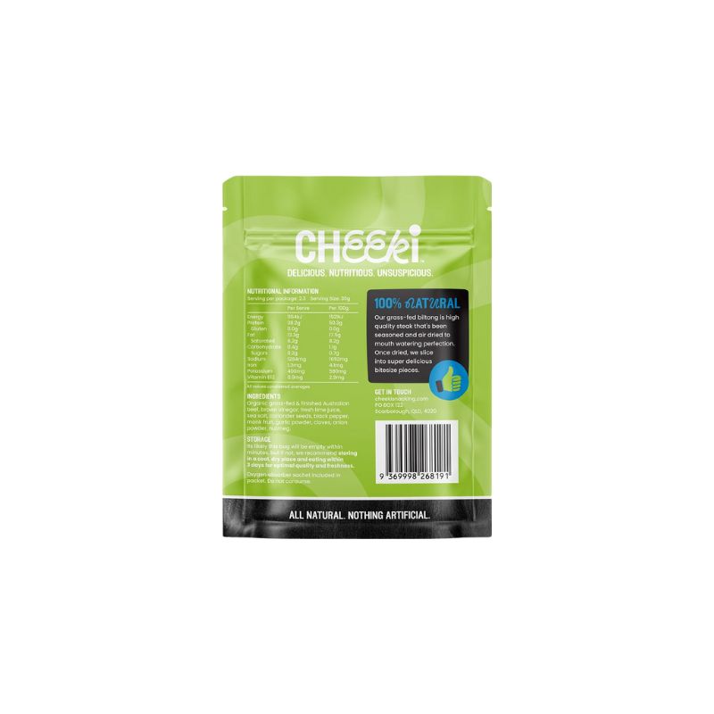 Cheeki Organic & Grass Fed Beef Biltong Steak Slices (Tasty Garlic) - 
