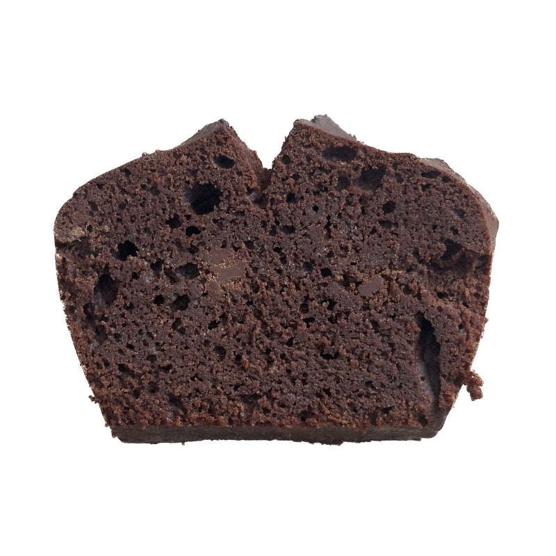 Cross-section of GF Keto 
chocolate cake on a white background