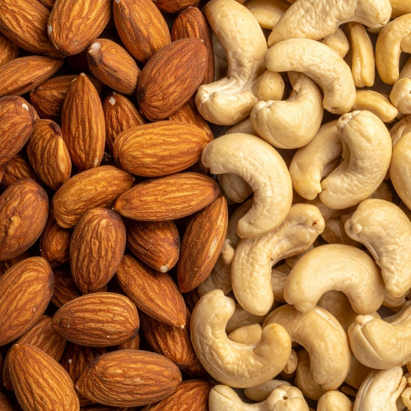 Close-up of almonds and cashews mixed together